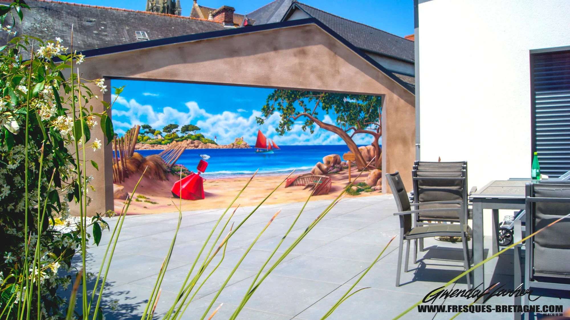 Fresque murale trompe-l'œil, paysage de plage, décoration de terrasse extérieure